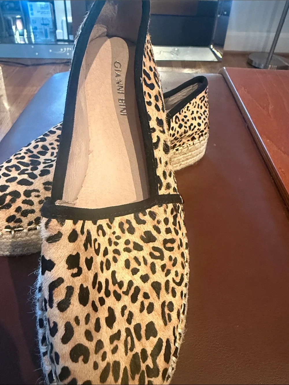 Gianni Bini Leopard Espadrille Slip-Ons in Tan and Black
